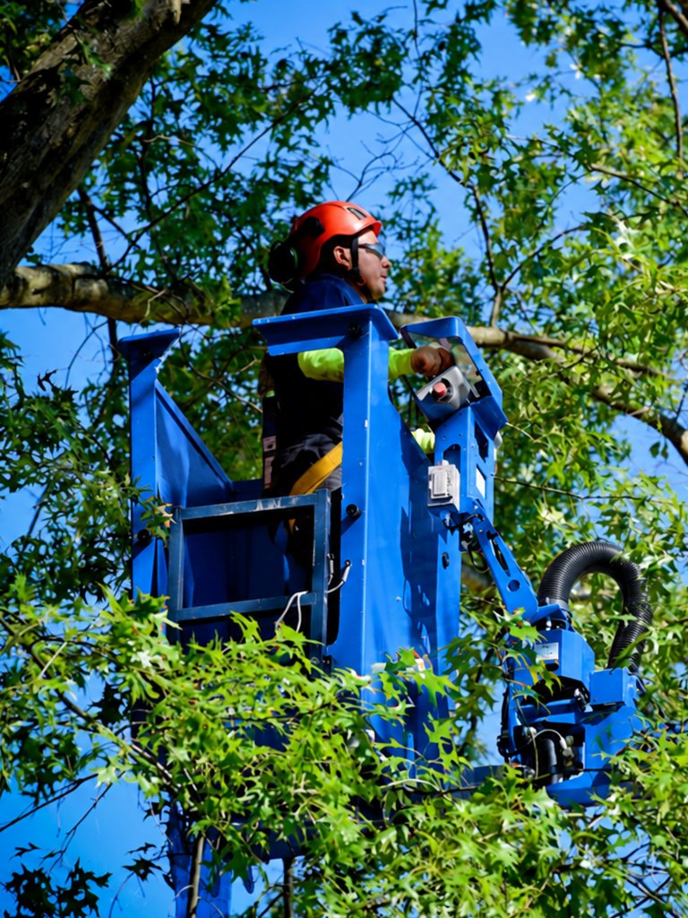 Granite Hills arborist pruning a tree canopy from a lift bucket