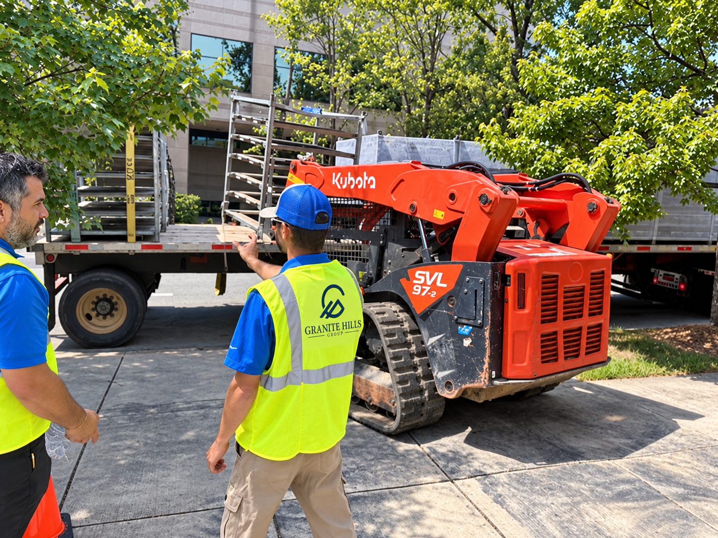 Two Granite Hills team members on a job site beside a compact track loader.