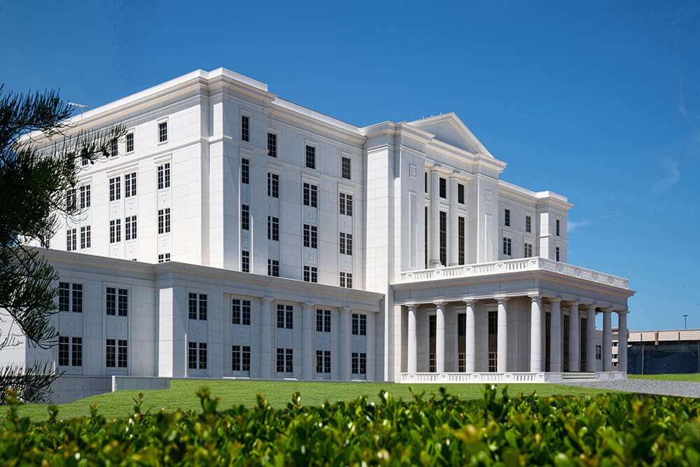 Lawn and foundation hedges at a county courthouse