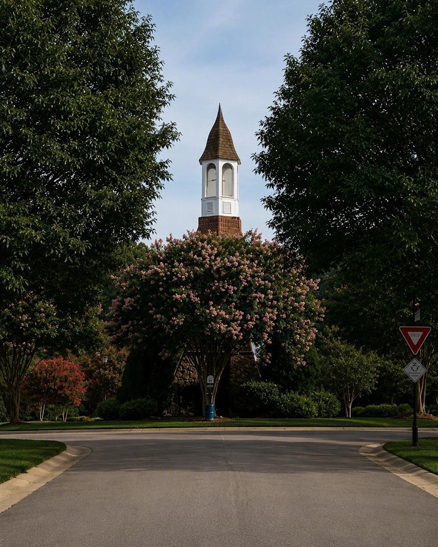 Landscaped community association entrance monument framed by trees