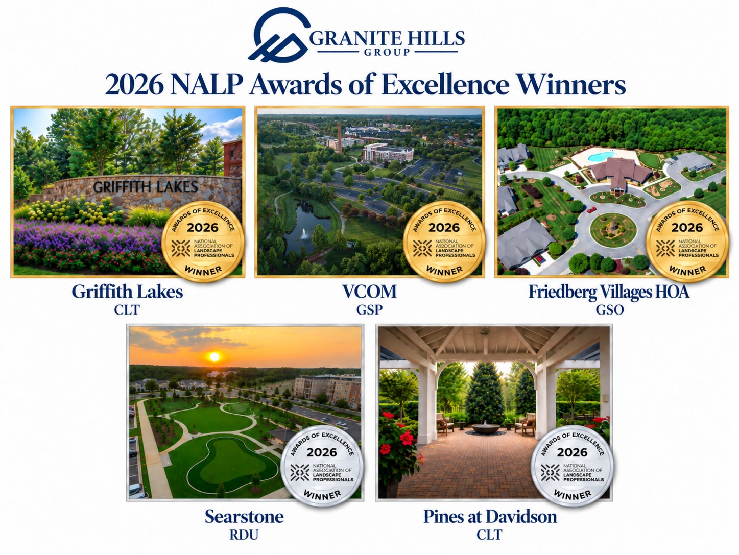 Granite Hills Group 2026 NALP Awards of Excellence winners: Griffith Lakes, VCOM, Friedberg Villages HOA, Searstone and Pines at Davidson