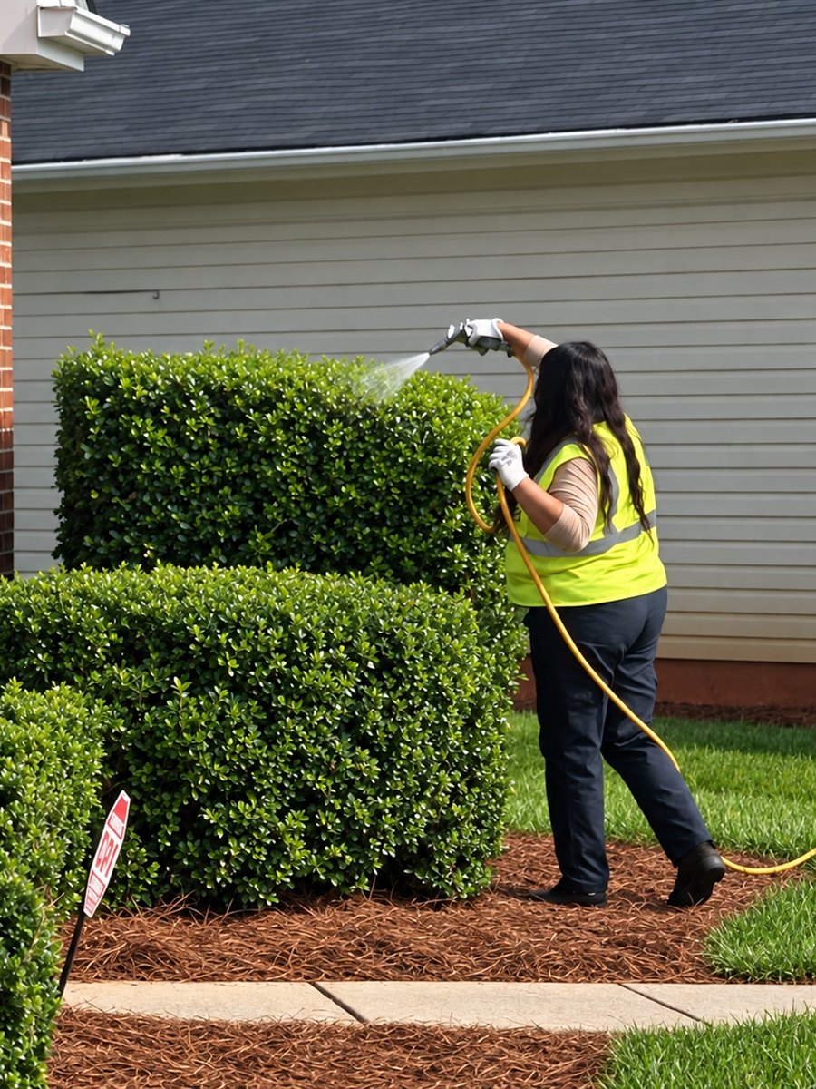 Granite Hills technician treating foundation shrubs