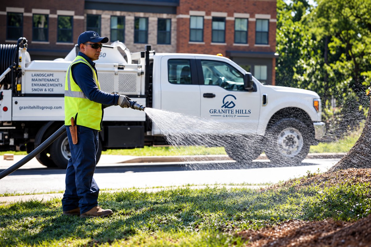 Granite Hills technician making a plant health application from a spray rig