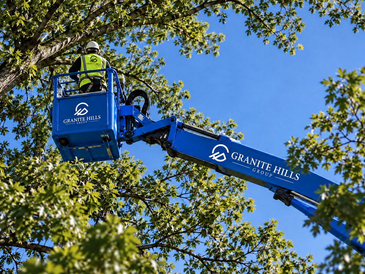 Granite Hills Group arborist working from a bucket truck in tree canopy