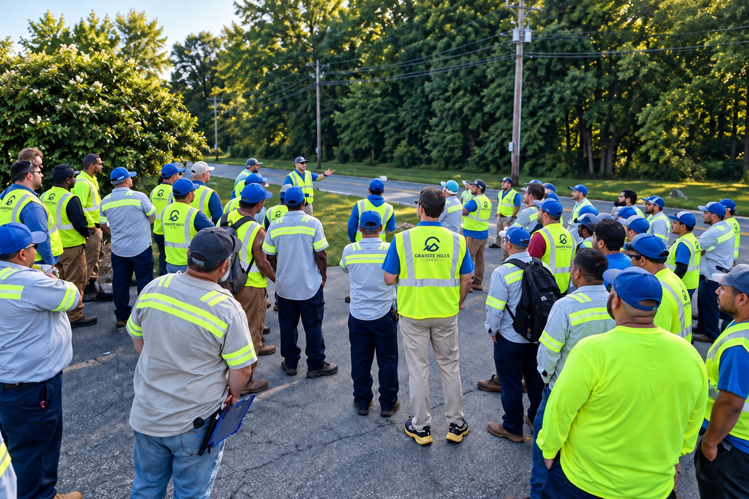 Granite Hills crew members gathered on-site for a field briefing