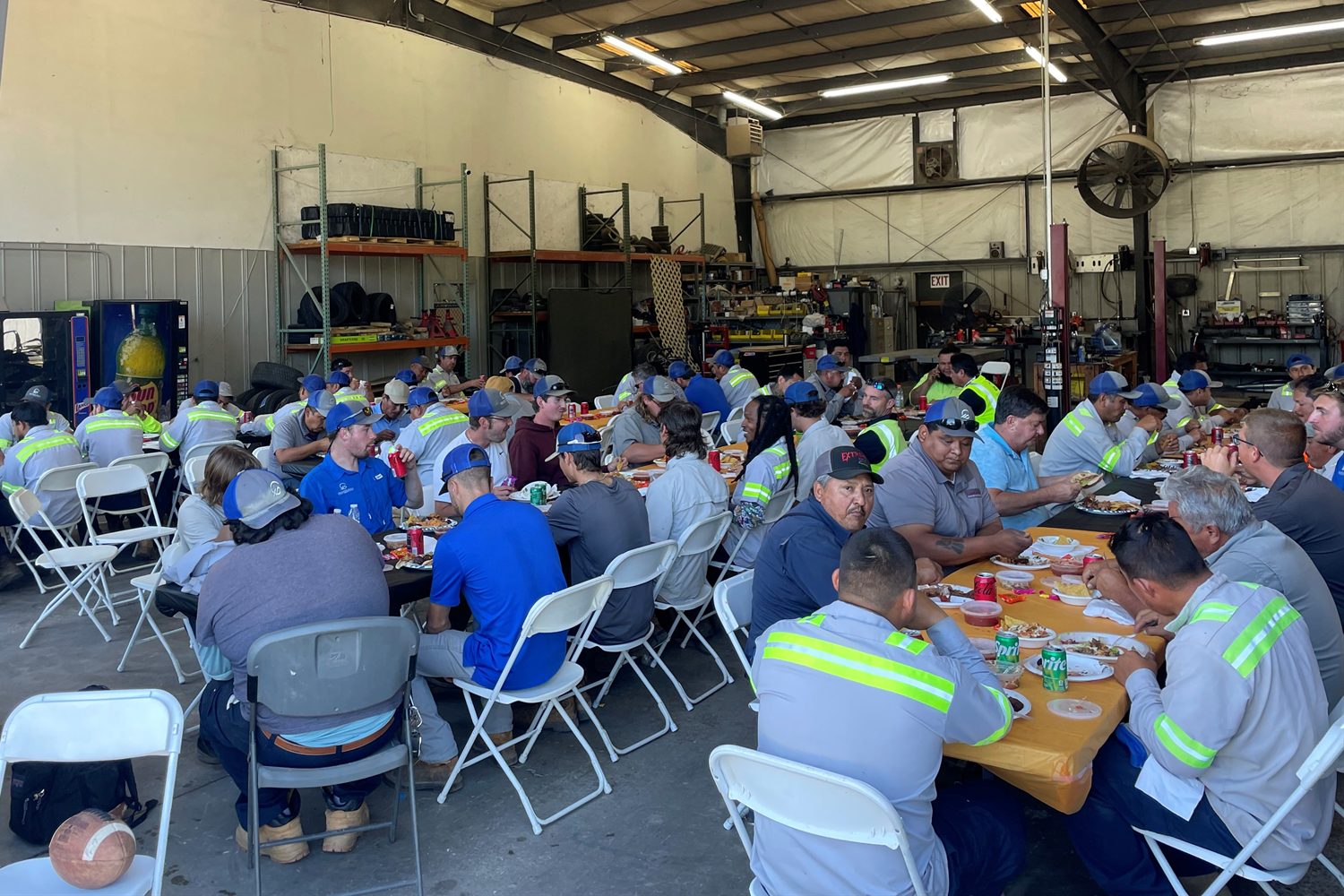 Granite Hills team members sharing a meal together in the shop.